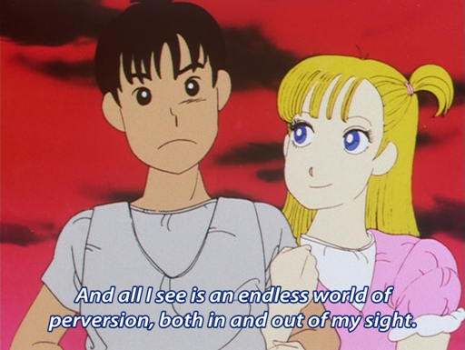 Boy and girl walking arm in arm. Subtitle quote: "And all I see is an endless world of perversion, both in and out of my sight."